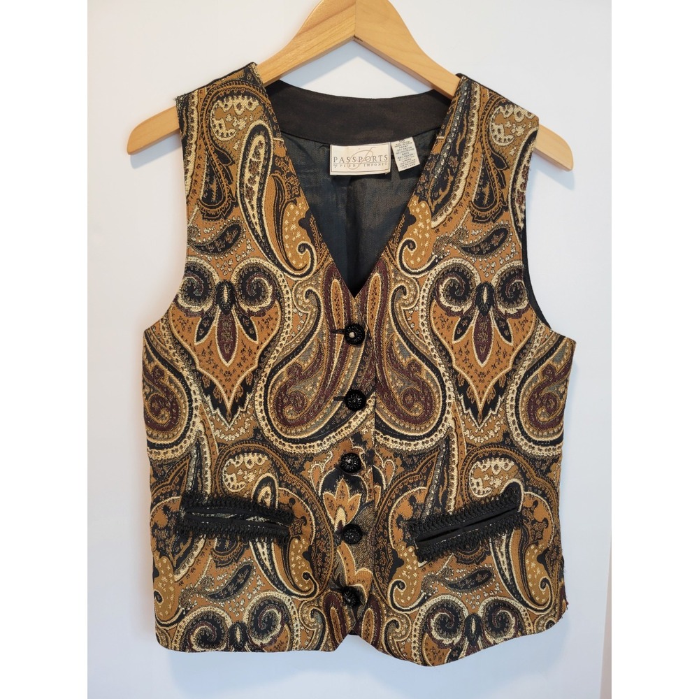 VTG 90s Passports Pier 1 Imports Paisley Tapestry Vest Boho Festival Brown Gold